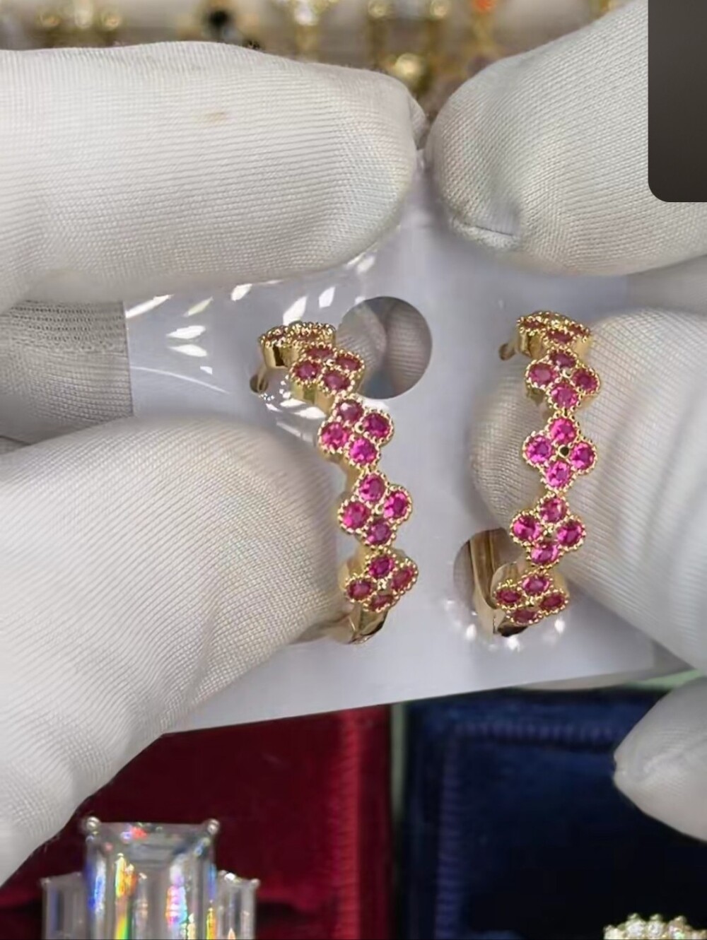 Gold Tone Pink Crystal Floral Hoop Earrings - Women Jewelry